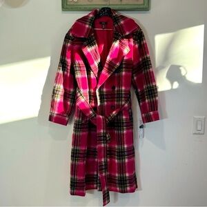 Aqua women's academia Pink Plaid belted Midi Trench Coat retail $178 size XL new